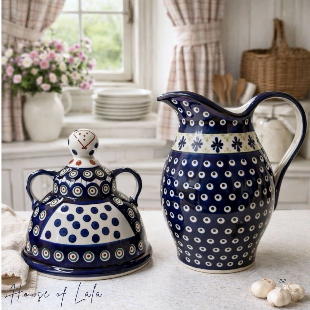 Boleslawiec hand crafted blue white Polish pottery. Jug & cheese lady